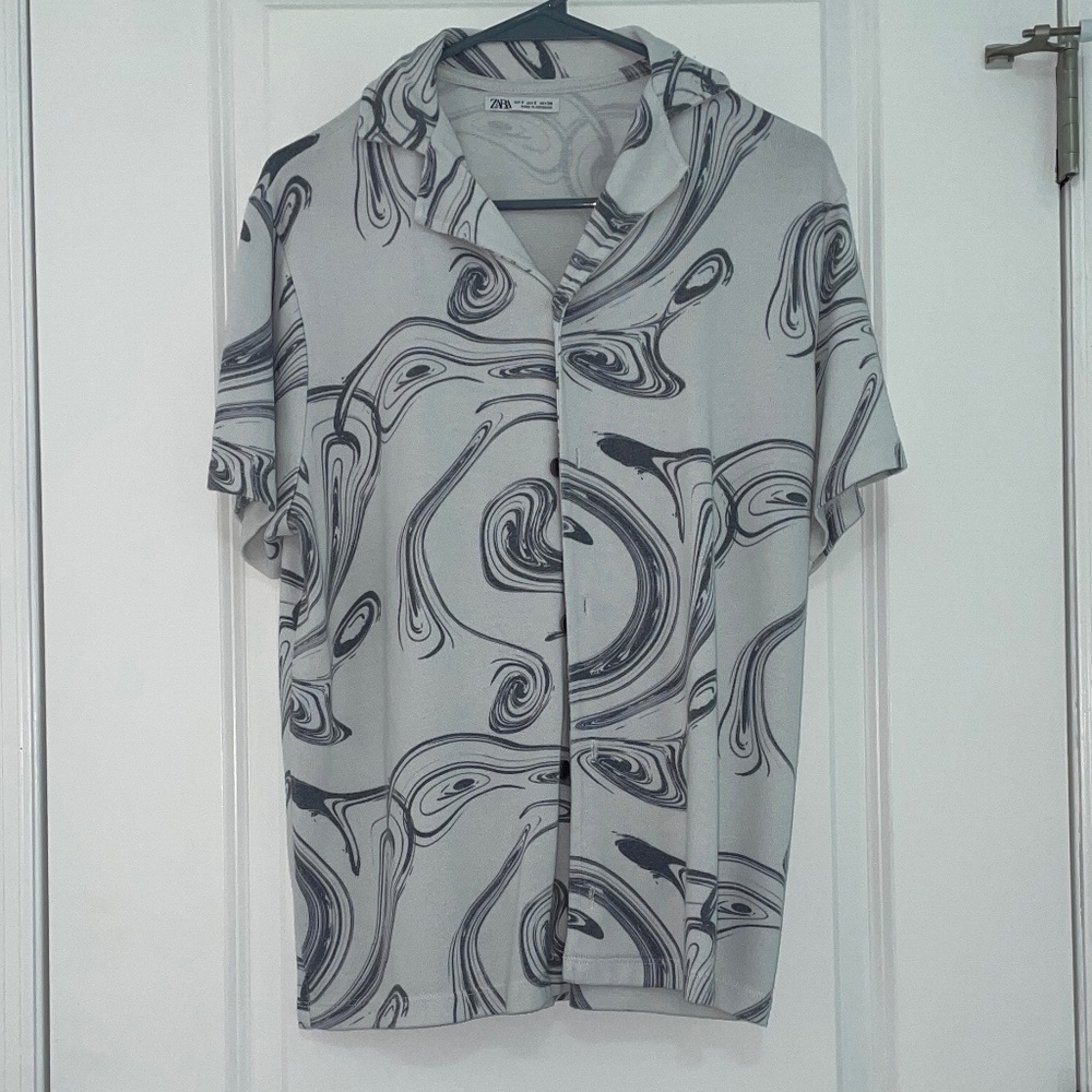 Zara Swirl Pattern Button-Up Short Sleeve Shirt, … - image 1